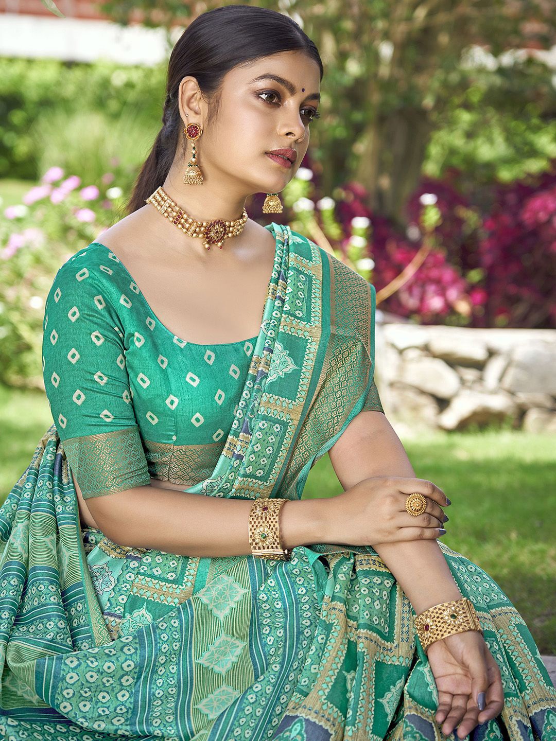 

Ishin Kalamkari Printed Zari Saree, Sea green