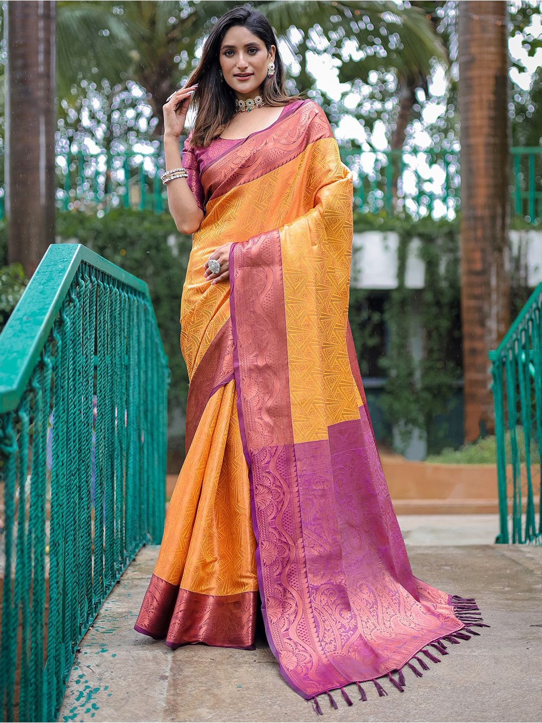 

Ishin Woven Design Zari Kanjeevaram Saree, Mustard