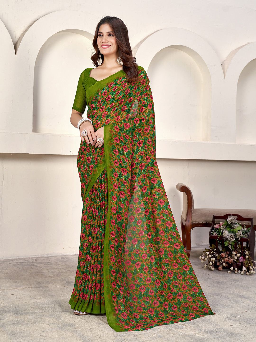 

Ishin Floral Saree with Blouse, Green
