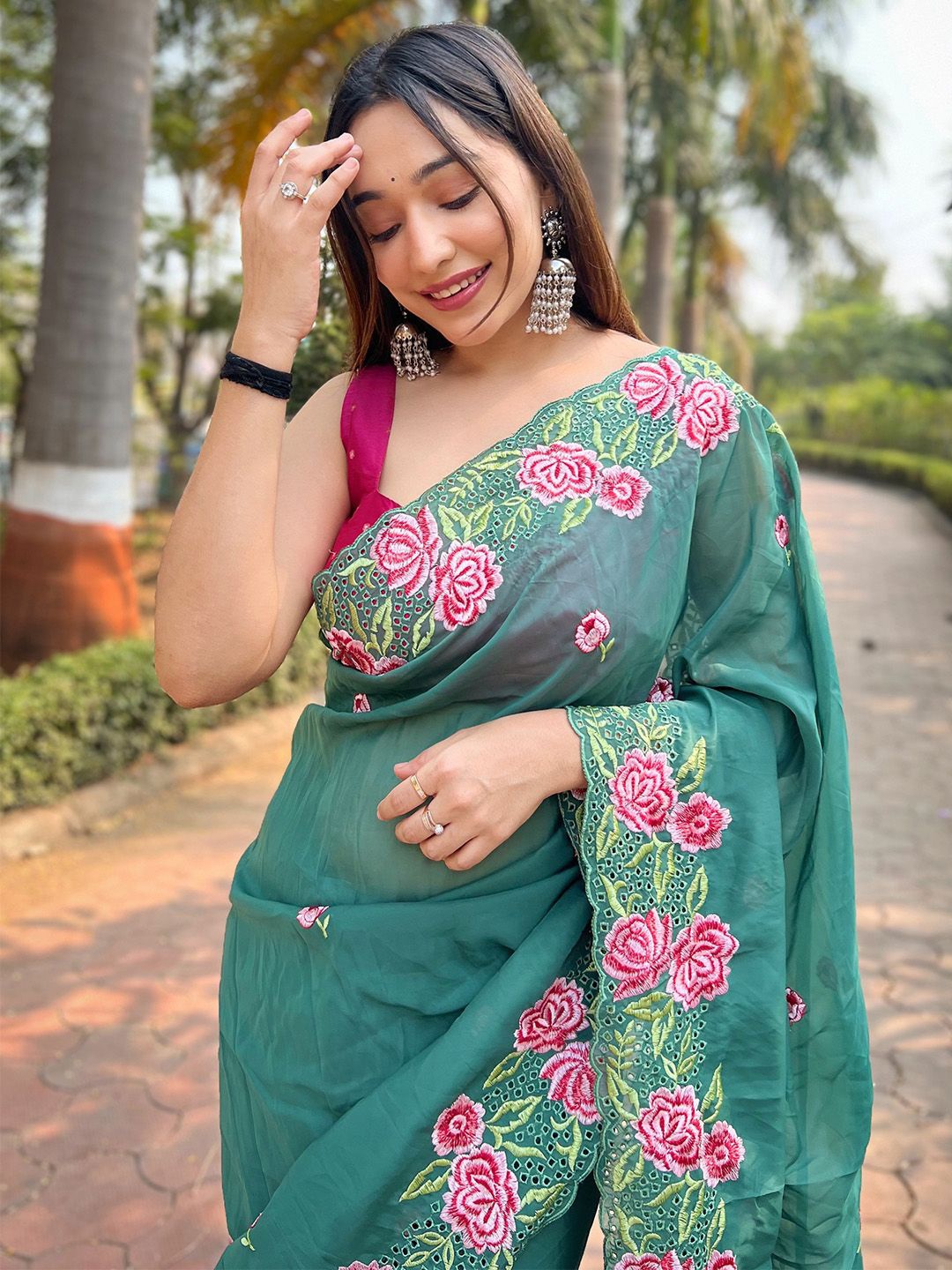 

Ishin Floral Embroidered Organza Saree, Sea green