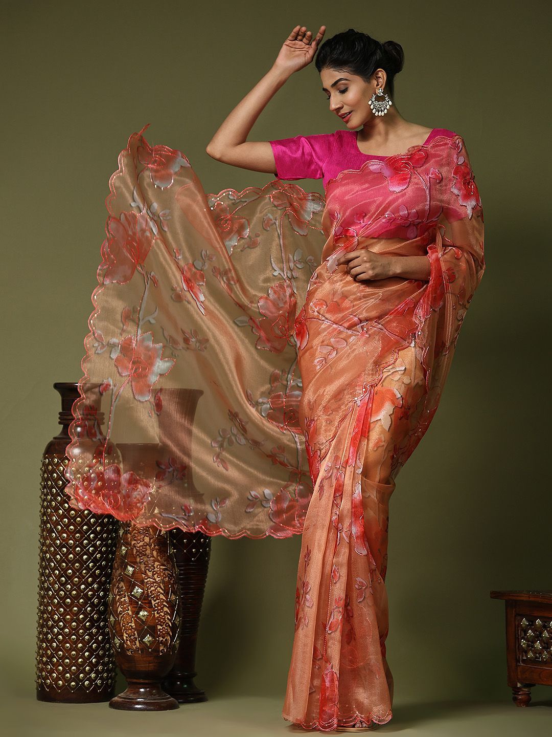 

Ishin Floral Embroidered Organza Saree, Orange