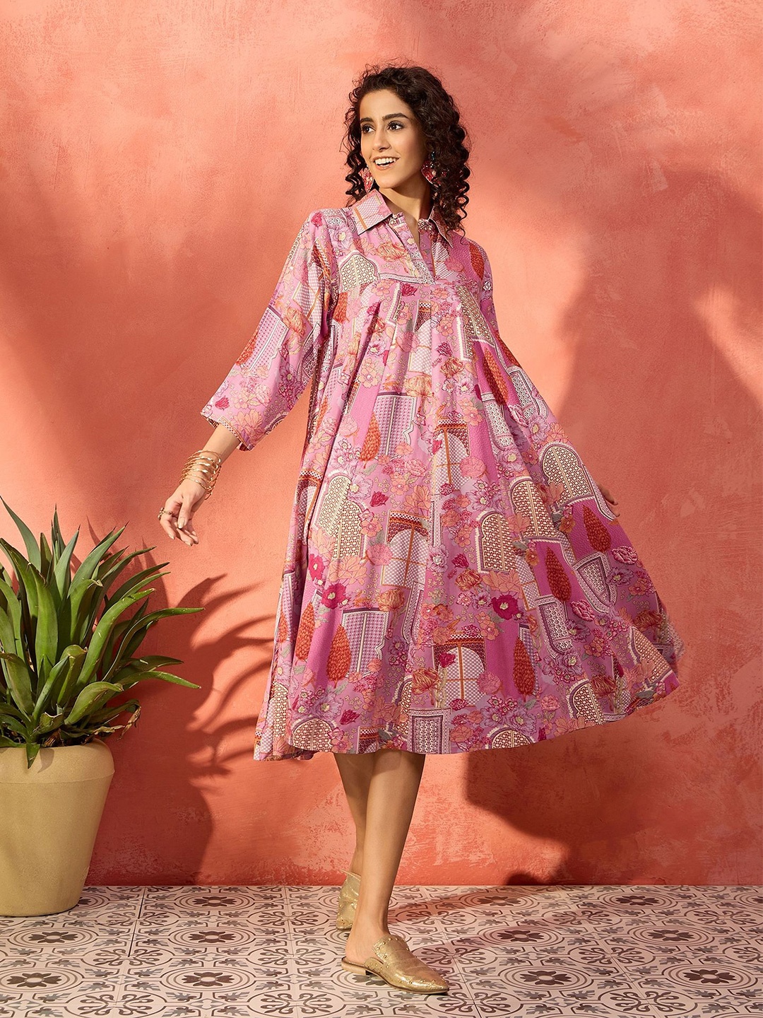 

InWeave Floral Print Shirt Collar A-Line Dress, Green