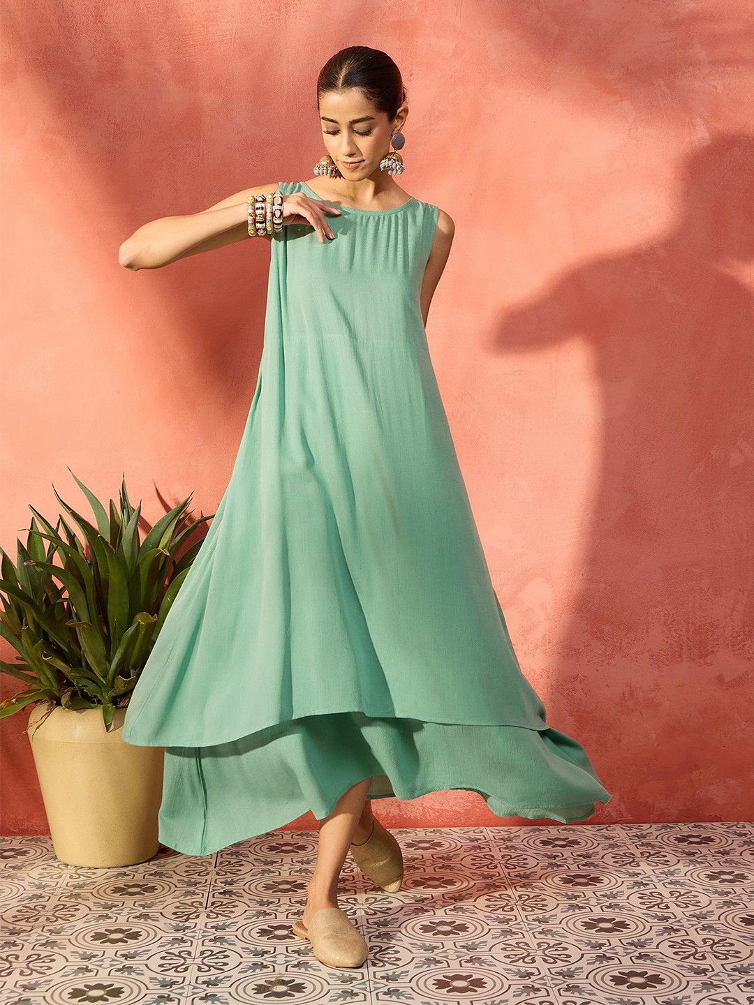 

InWeave Round Neck Double Layer A-Line Dress, Green