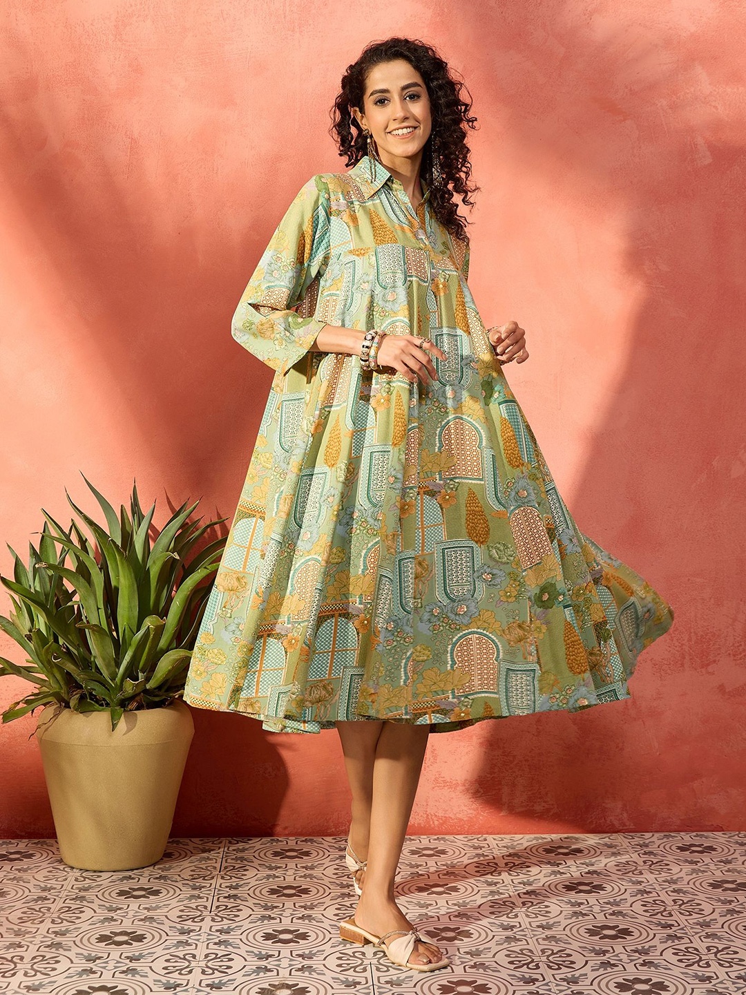 

InWeave Floral Printed Shirt Collar A-Line Dress, Green