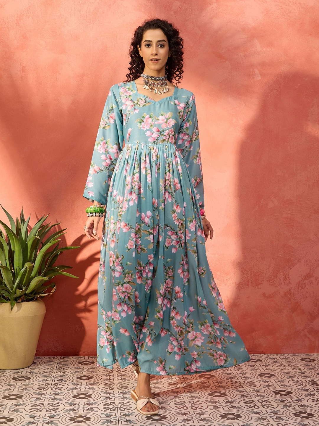 

InWeave Floral Printed Sweetheart Neck A-Line Maxi Dress, Green