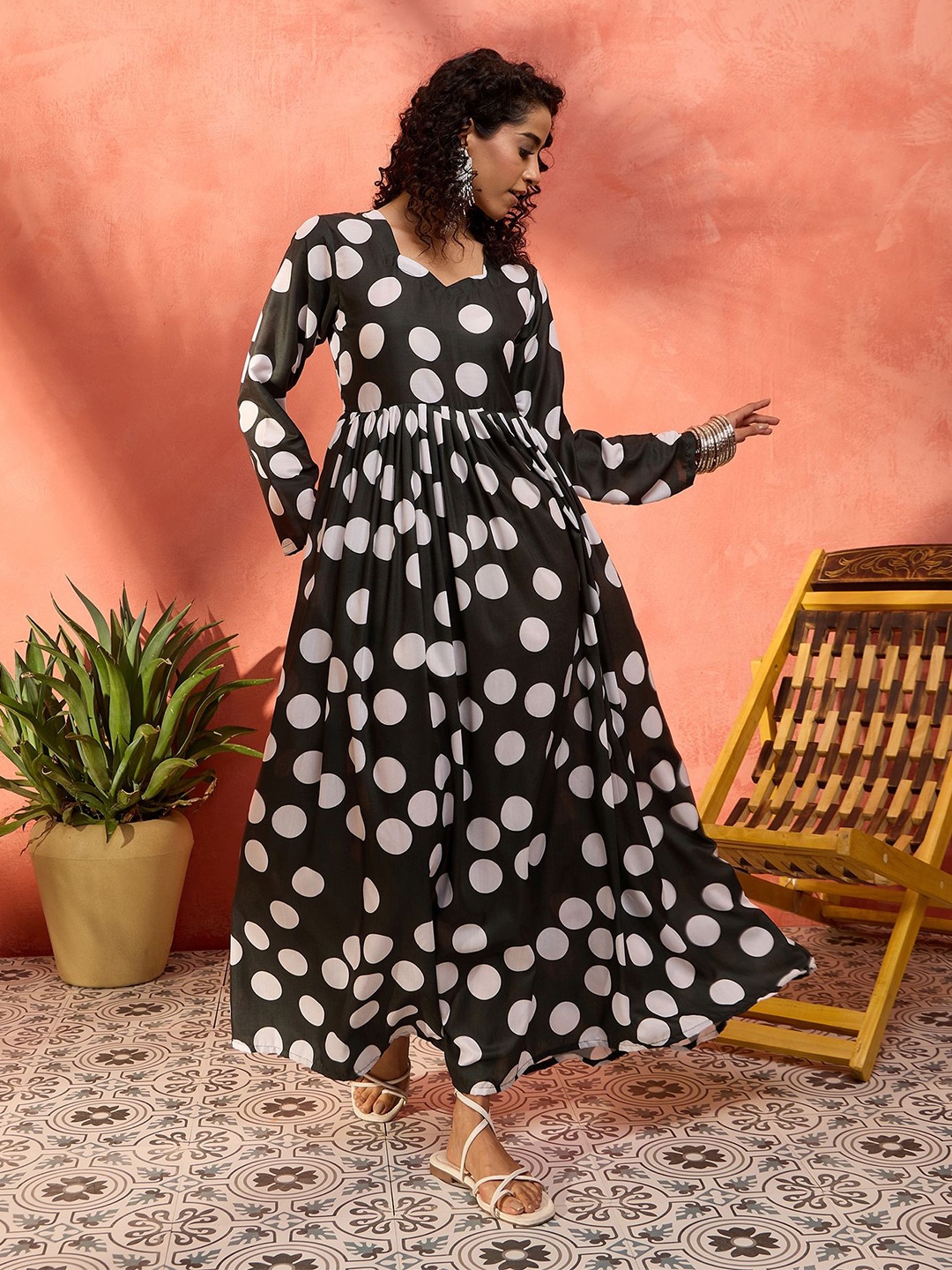 

InWeave Polka Dots Printed Fit & Flare Maxi Dress, Black