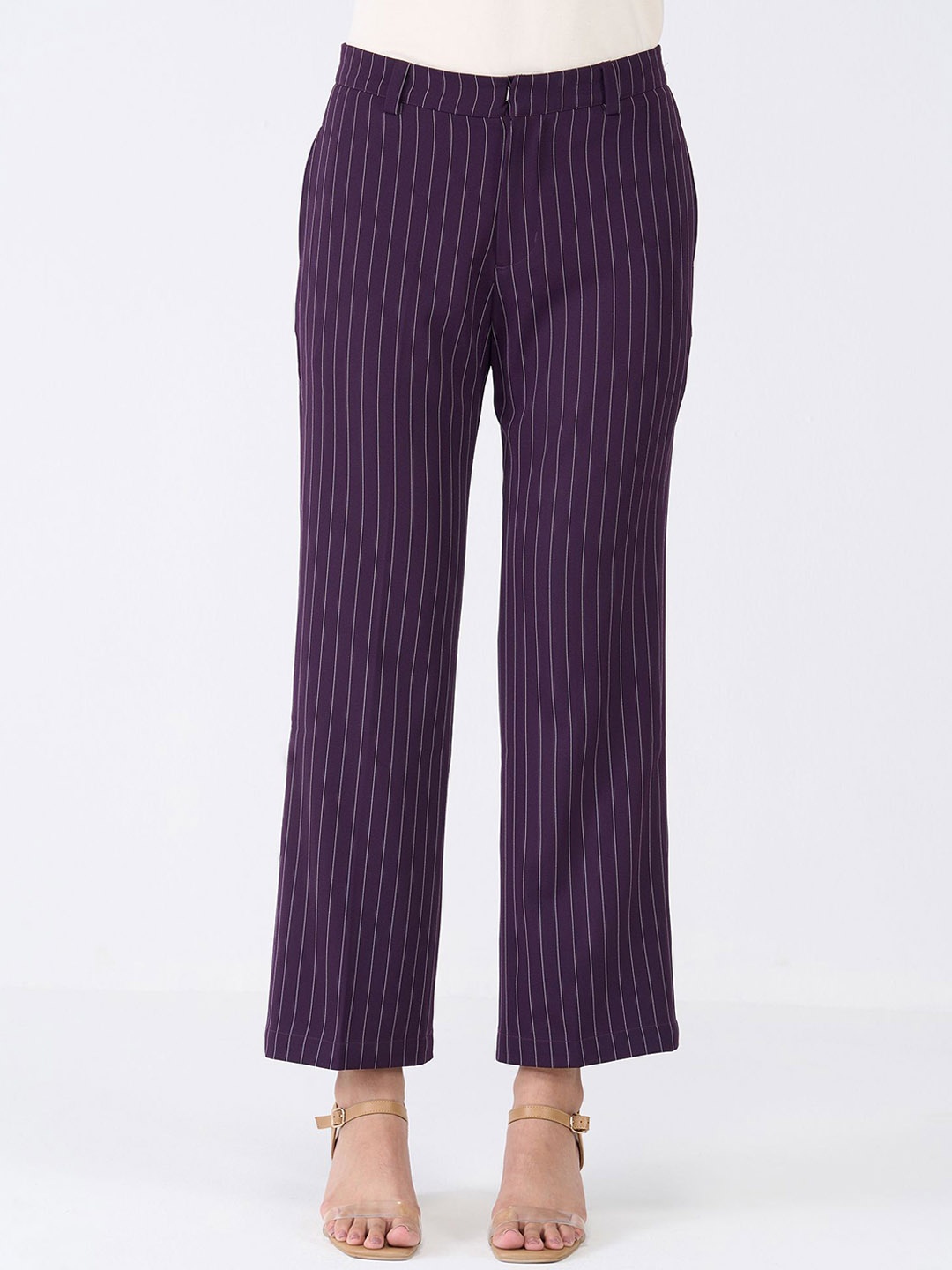 

SALT ATTIRE Women Striped Smart Straight Fit Trousers, Purple