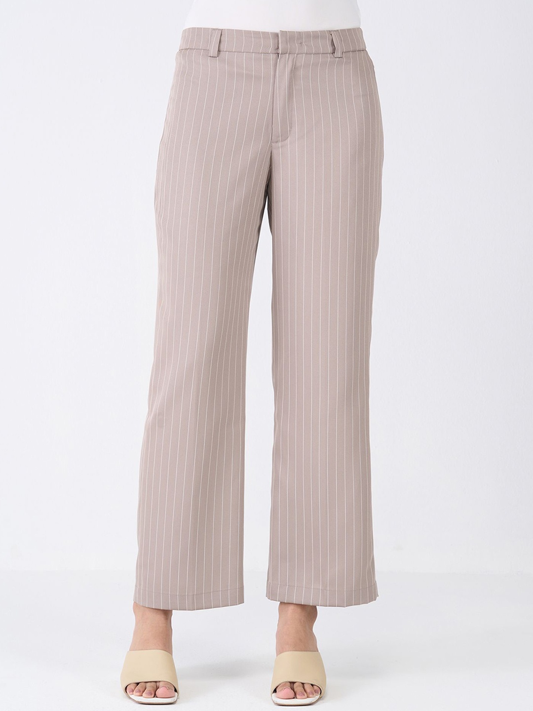 

SALT ATTIRE Women Striped Smart Straight Fit Parallel Trousers, Beige