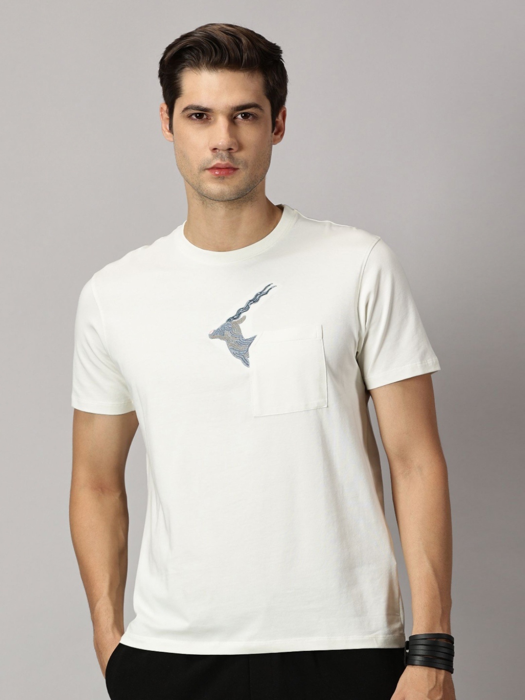 

BLACK BUCK Men Embroidered Solid Cotton Crew Neck T-shirt, Off white