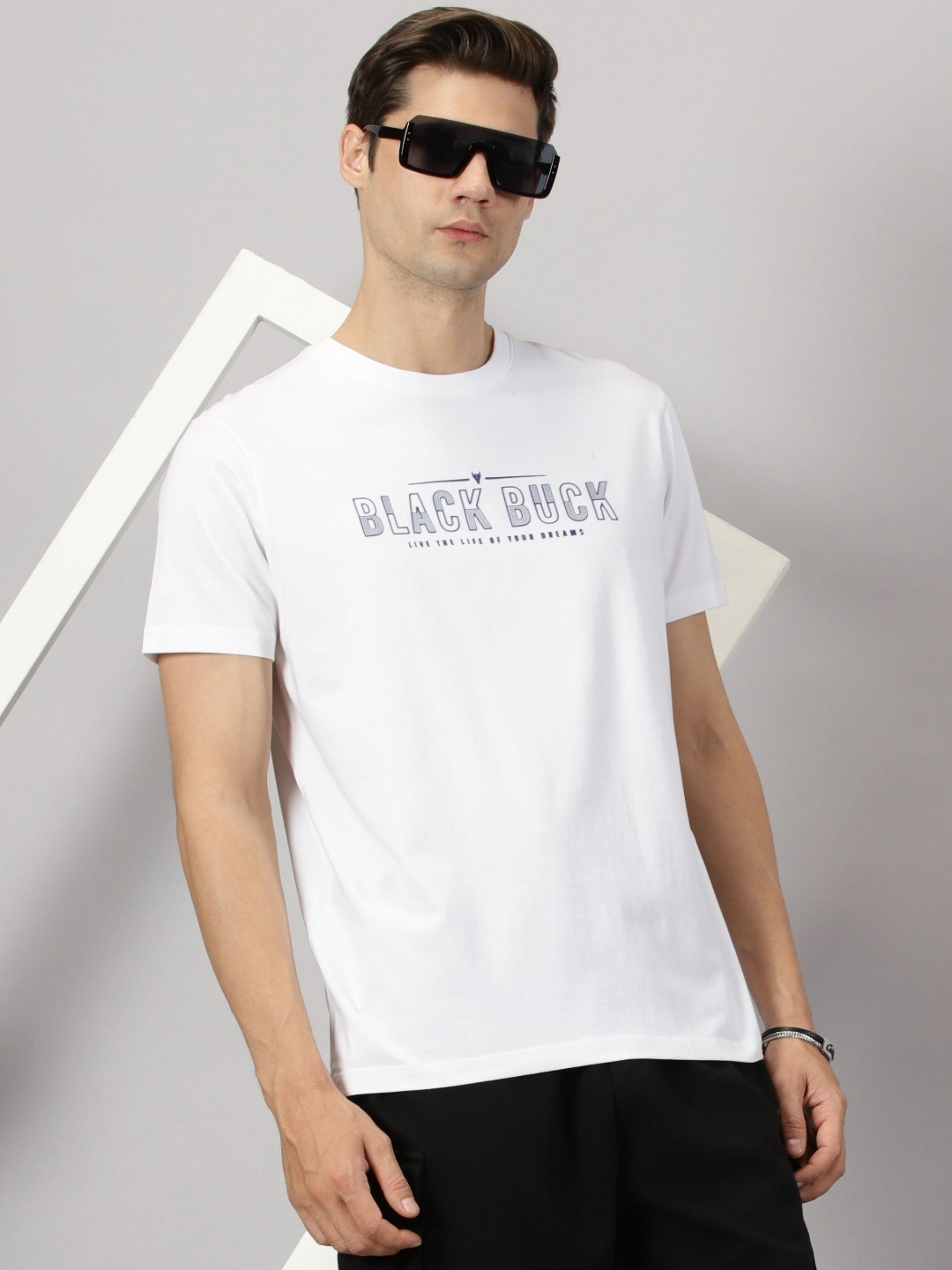 

BLACK BUCK Men Printed Cotton Crew Neck T-shirt, White
