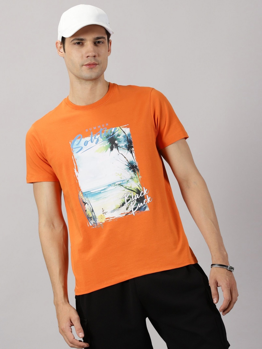 

BLACK BUCK Men Printed Cotton Crew Neck T-shirt, Orange