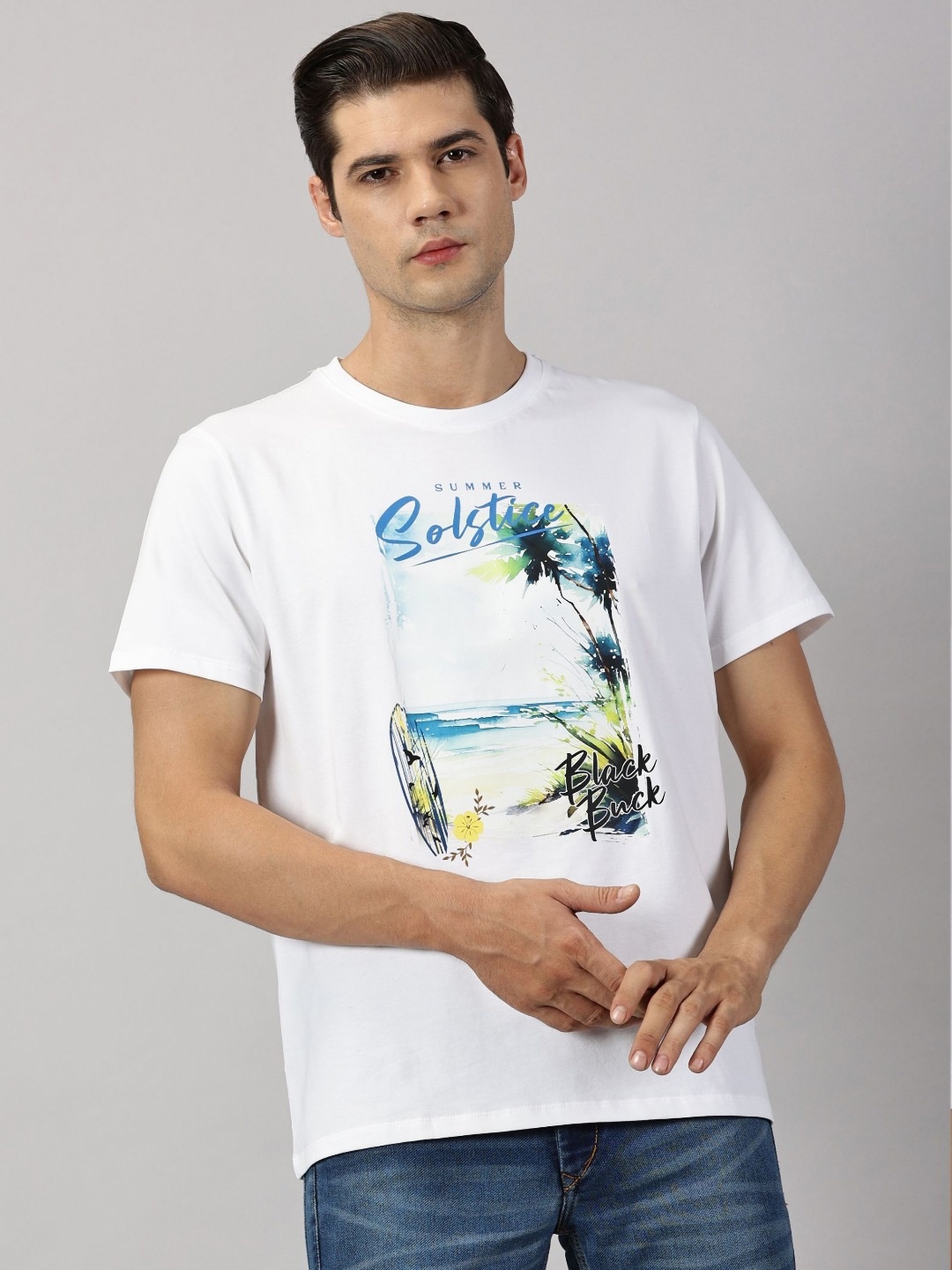 

BLACK BUCK Men Printed Cotton Crew Neck T-shirt, White