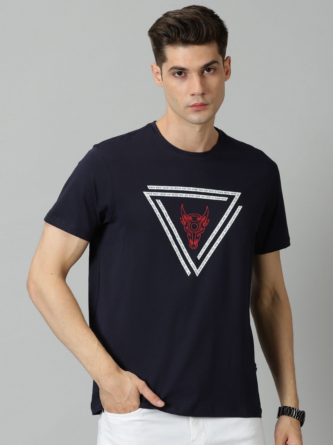 

BLACK BUCK Men Printed Cotton Crew Neck T-shirt, Navy blue