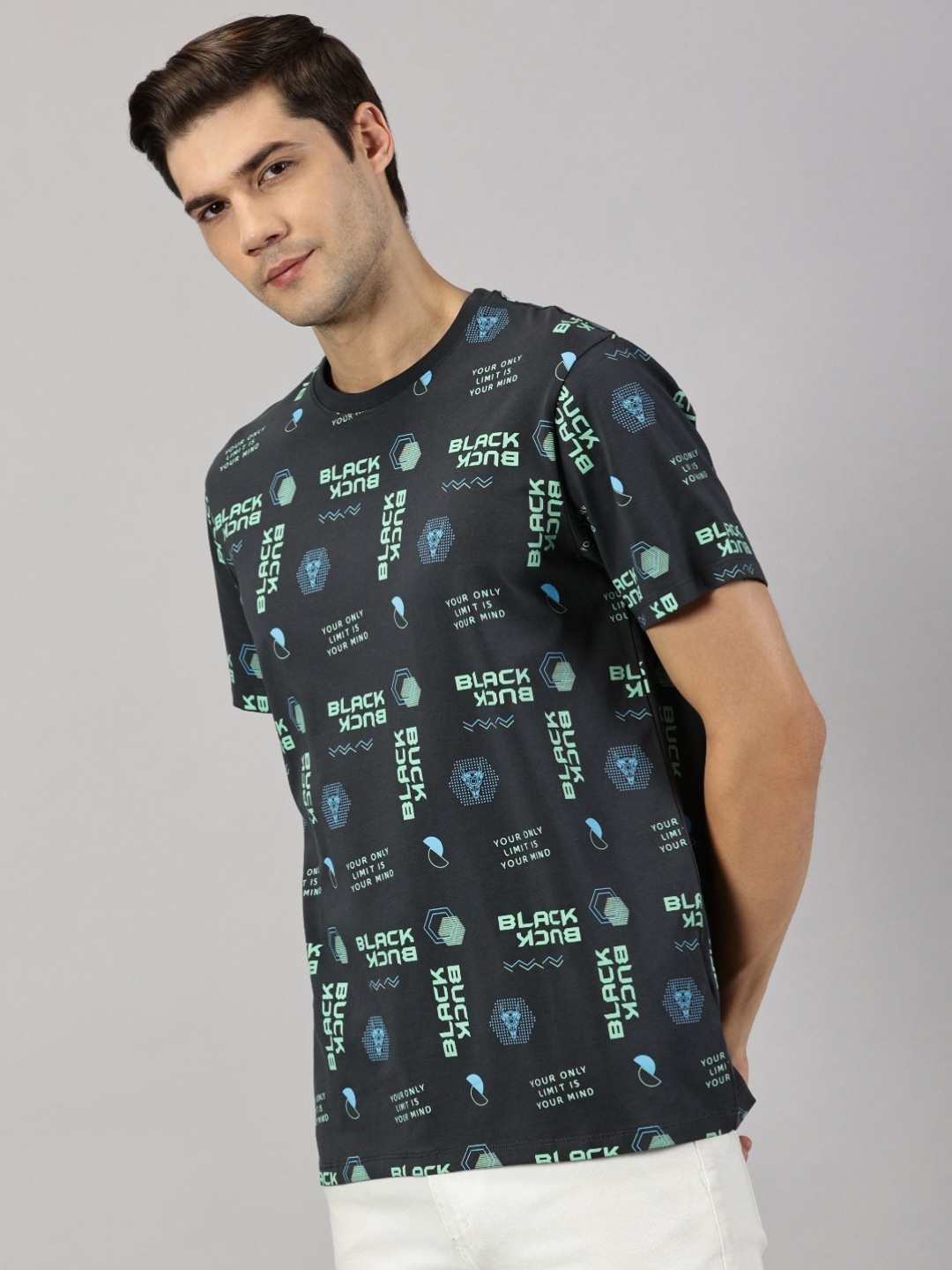 

BLACK BUCK Men All Over Print Cotton Crew Neck T-shirt, Charcoal