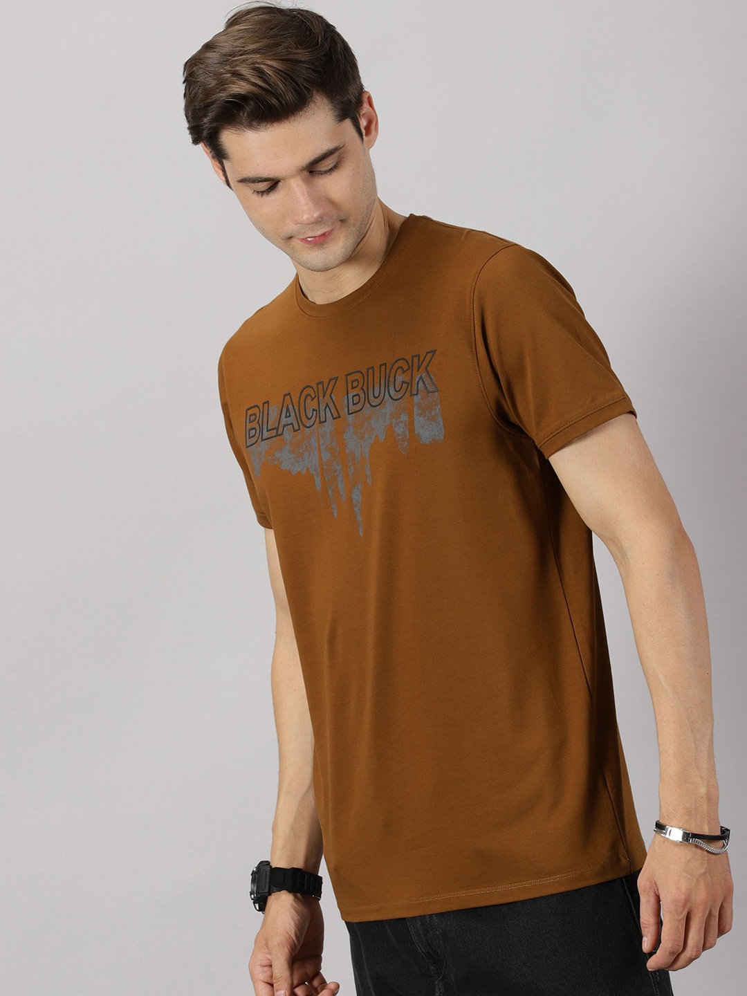 

BLACK BUCK Men Printed Cotton Crew Neck T-shirt, Brown