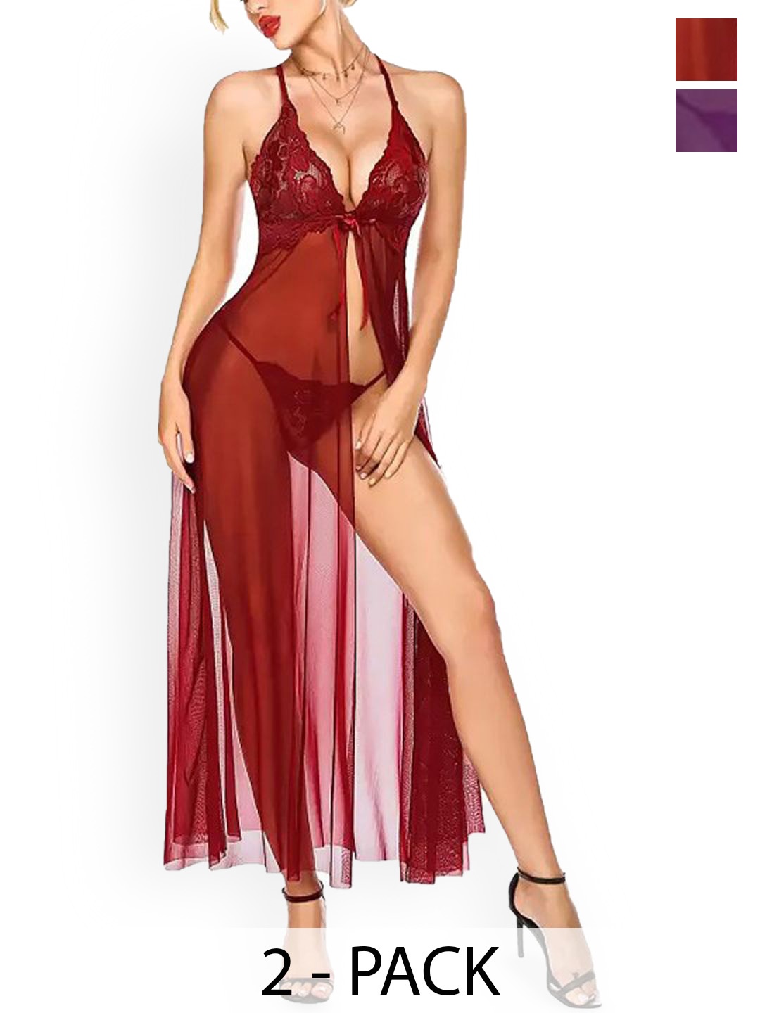 

Softwrap Pack of 2 Self Design Net Lace Baby Doll, Maroon