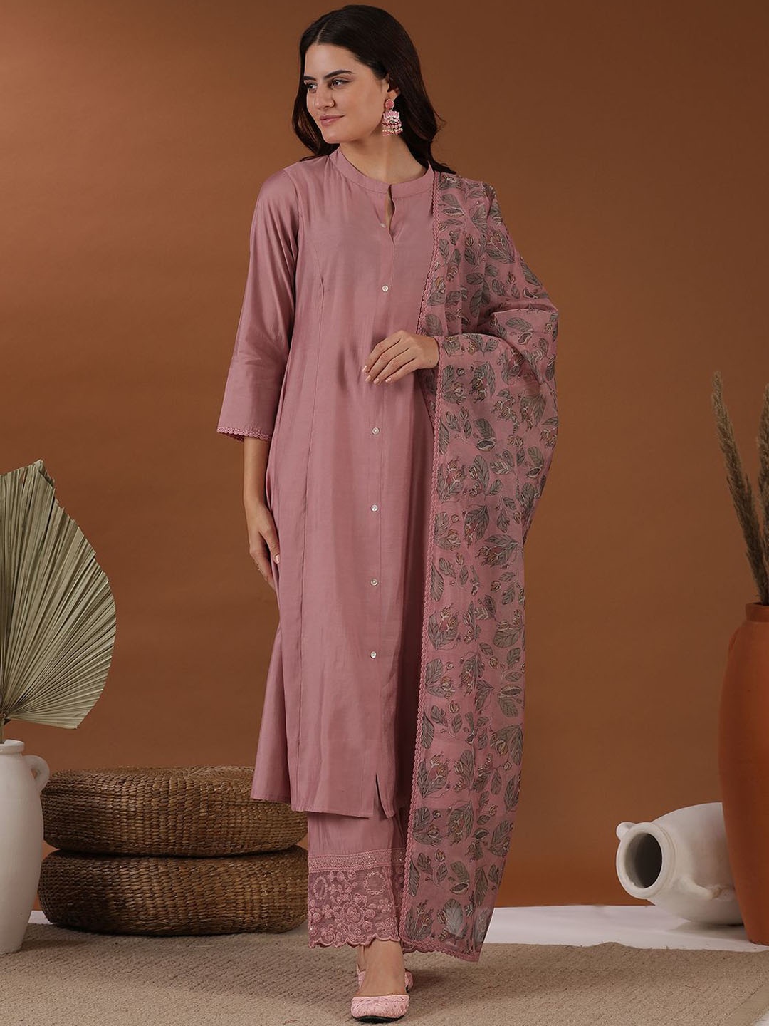 

Inddus Mandarin Collar A Line Kurta & Trousers With Dupatta, Pink