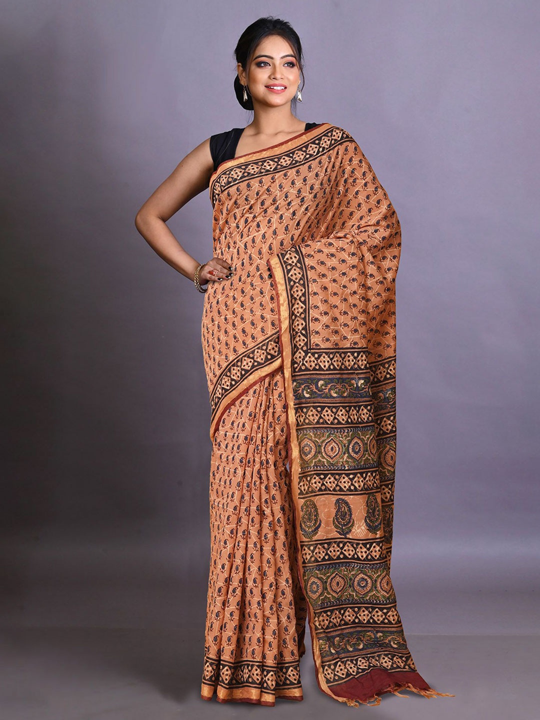 

Unnati Silks Ethnic Motifs Handloom Bagru Saree, Brown