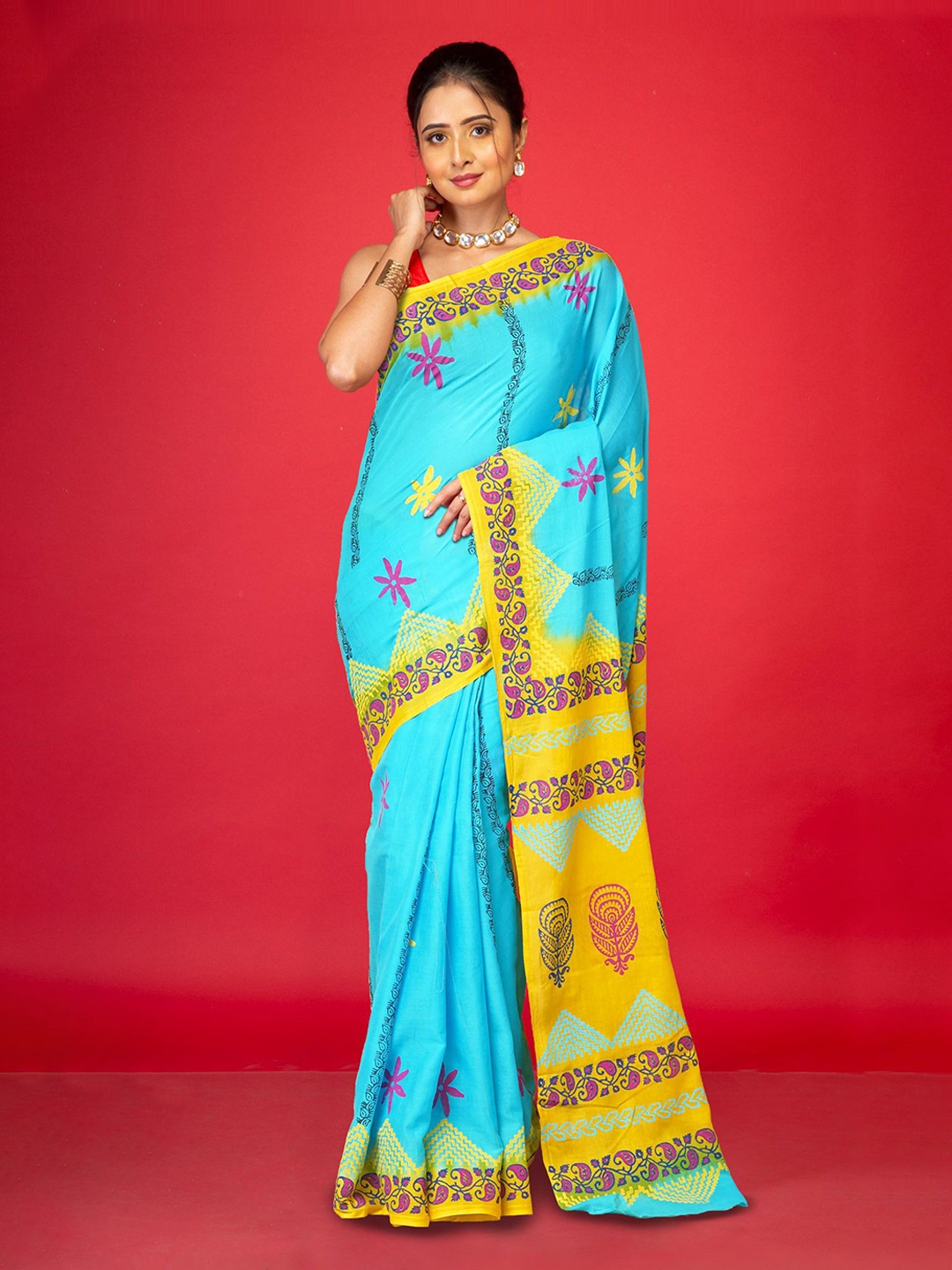 

Unnati Silks Ethnic Motifs Pure Cotton Handloom Block Print Saree, Blue