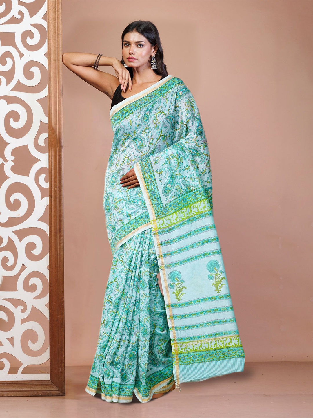 

Unnati Silks Chanderi Silk Cotton Ethnic Motifs Zari Traditional Handloom Saree, Green