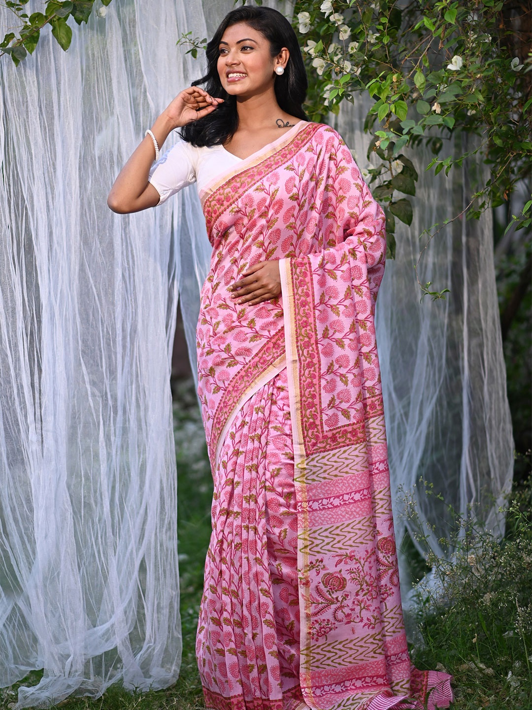 

Unnati Silks Ethnic Motif Zari Woven Handloom Chanderi Saree, Pink