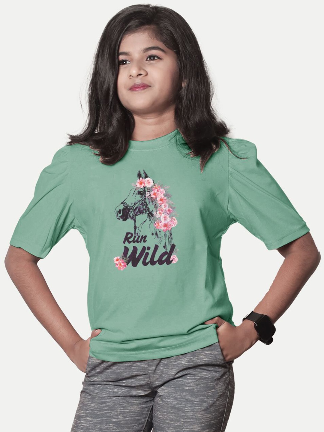 

BAESD Girls Typography Printed Drop-Shoulder Sleeves Applique T-shirt, Green