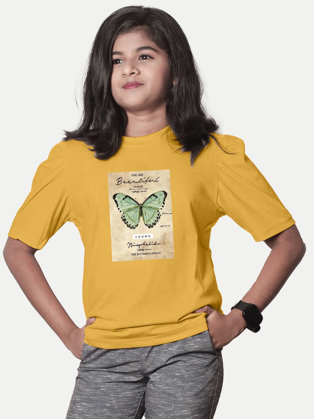

BAESD Girls Typography Printed Applique T-shirt, Yellow