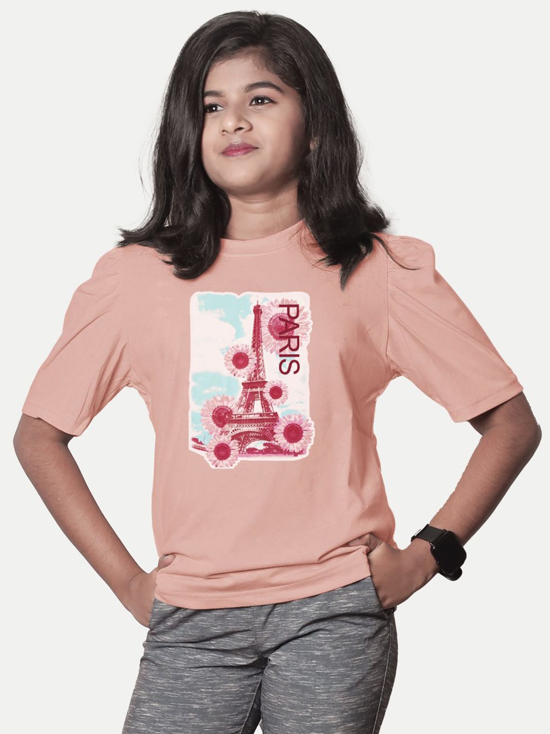 

BAESD Girls Typography Printed Drop-Shoulder Sleeves Applique T-shirt, Pink