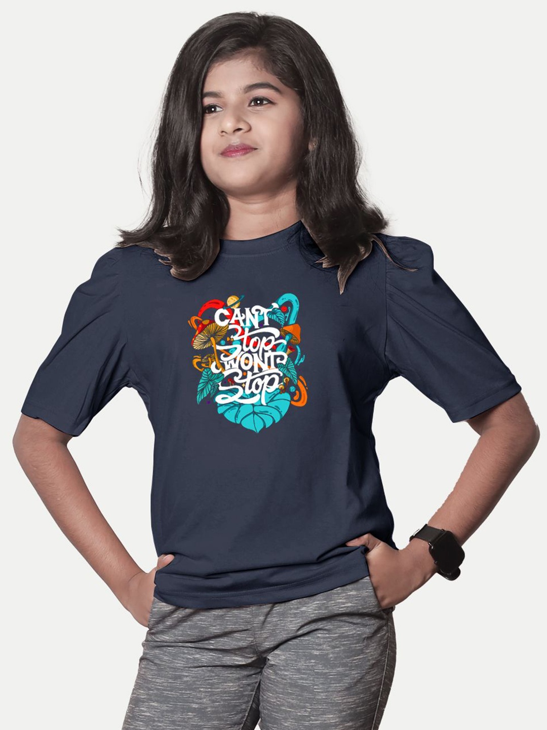 

BAESD Girls Typography Printed Drop-Shoulder Sleeves Applique T-shirt, Blue