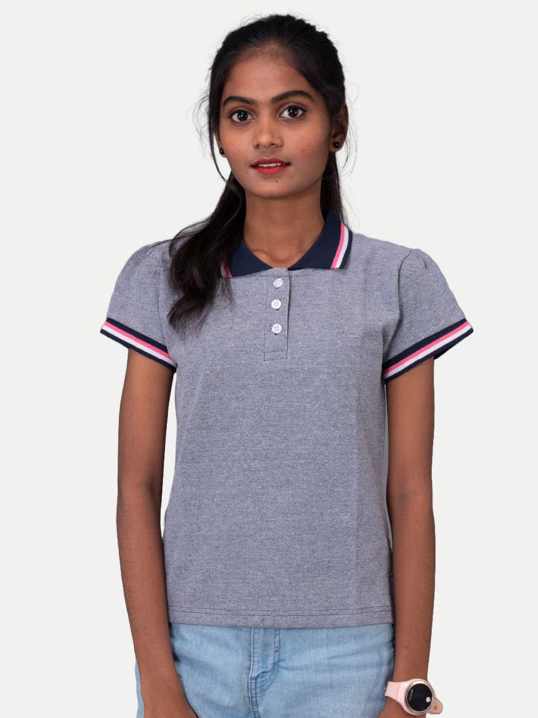 

BAESD Girls Checked Polo Collar Pockets T-shirt, Blue