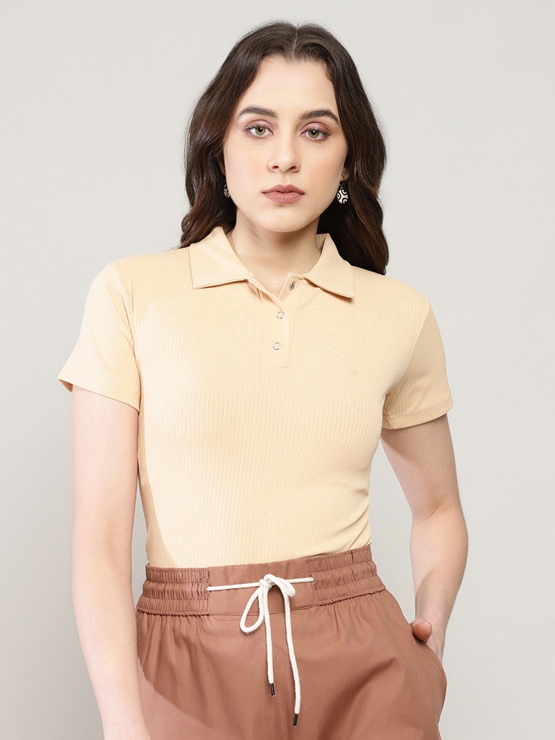 

BAESD Women Shirt Collar Solid Top, Nude