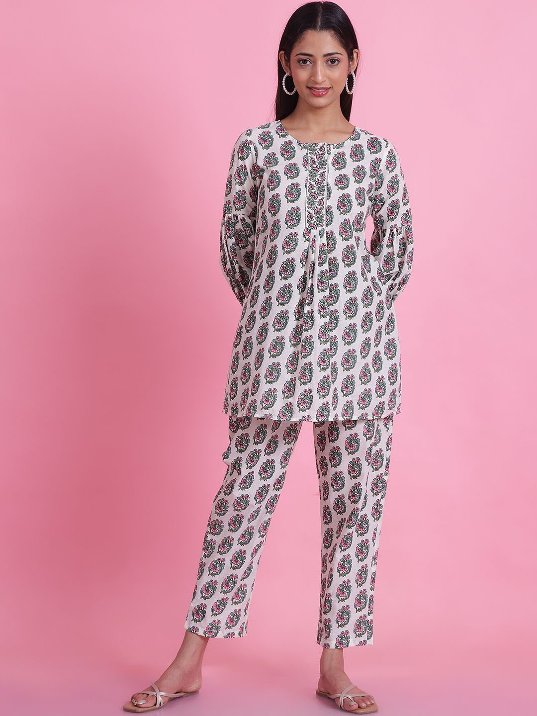 

Prakrti Ethnic Motifs Printed Pure Cotton Tunic With Trousers, White