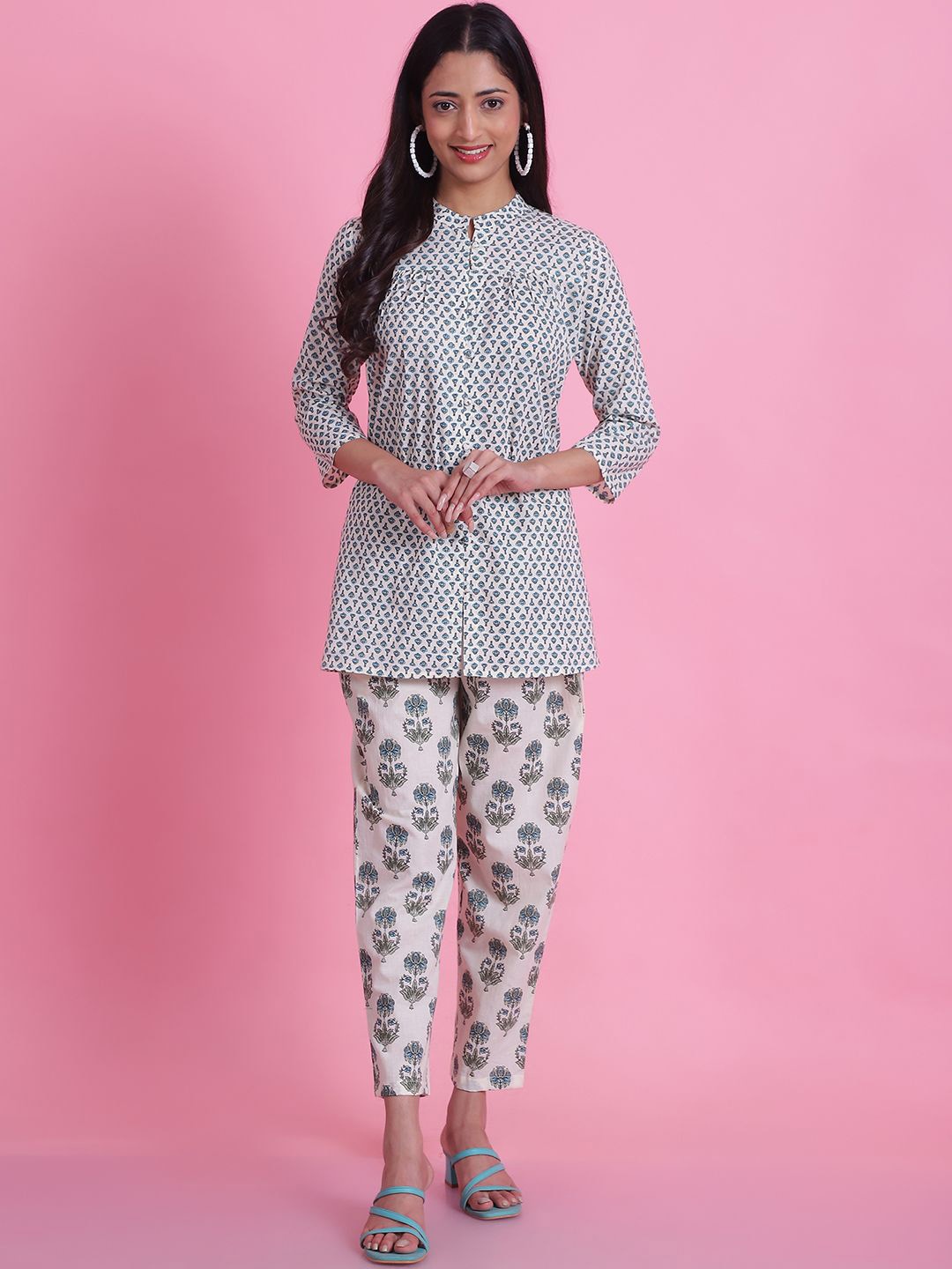 

Prakrti Floral Printed Mandarin Collar Pure Cotton Top With Trousers, White