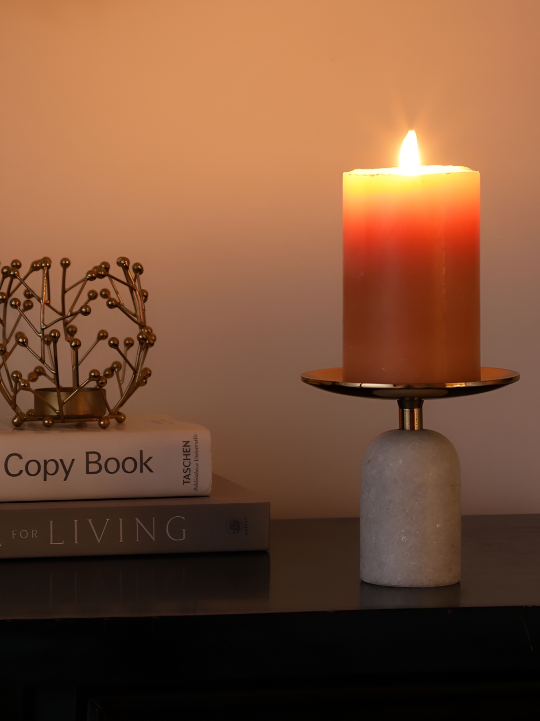 Decor de Maison Gold Toned & White Aluminium Pillar Candle Holder