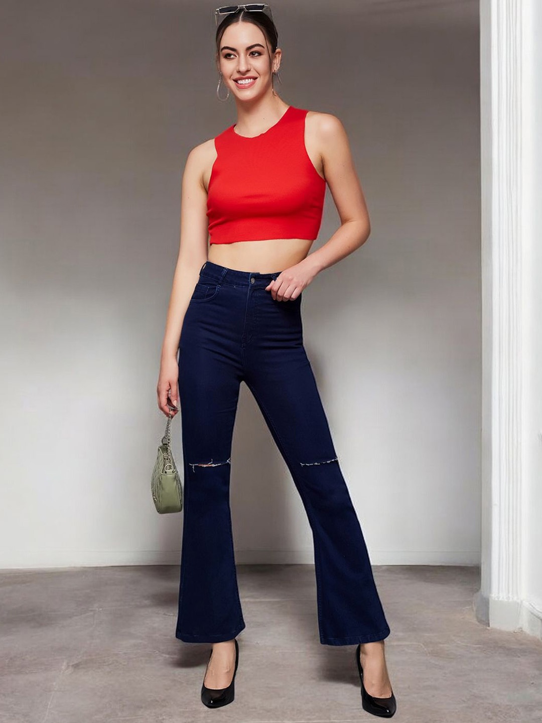 

Miss Chase Women Bootcut High-Rise Slash Knee Stretchable Jeans, Blue