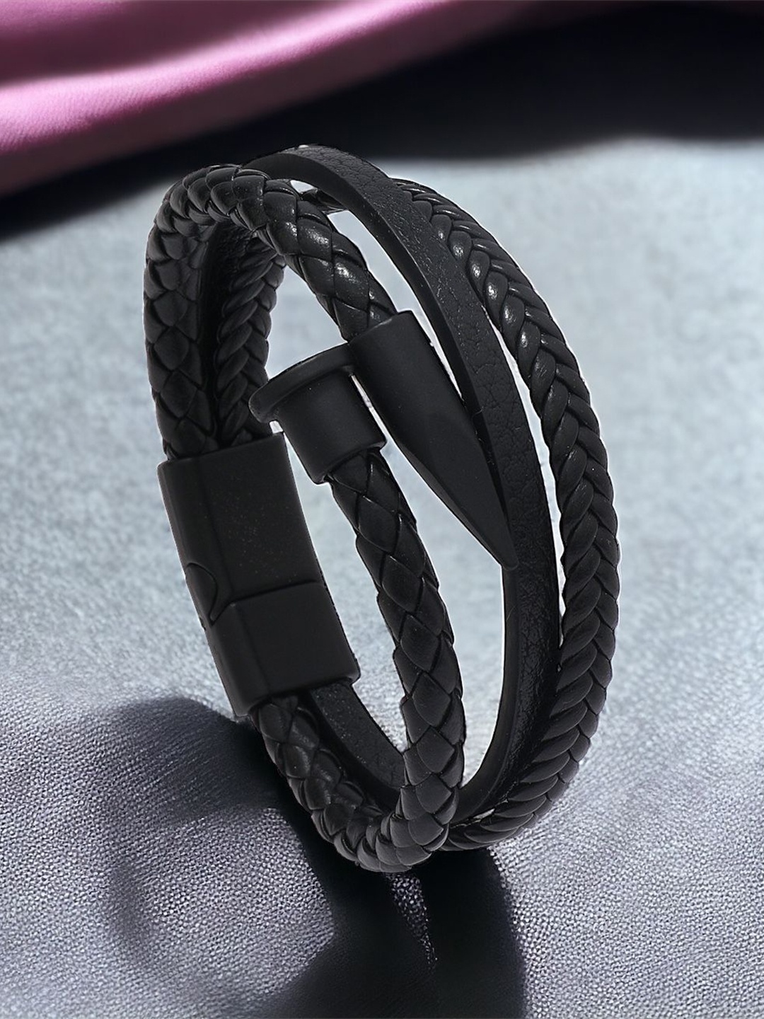 

MYKI Men Stainless Steel Nail Style Braided Leather Wraparound Bracelet, Black