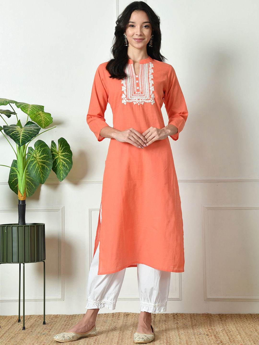 

Laado - Pamper Yourself Floral Yoke Design Thread Work Cotton Straight Kurta, Peach