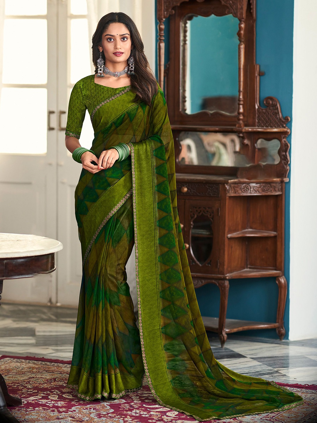 

Laxmipati Embroidered Abstract Saree, Olive
