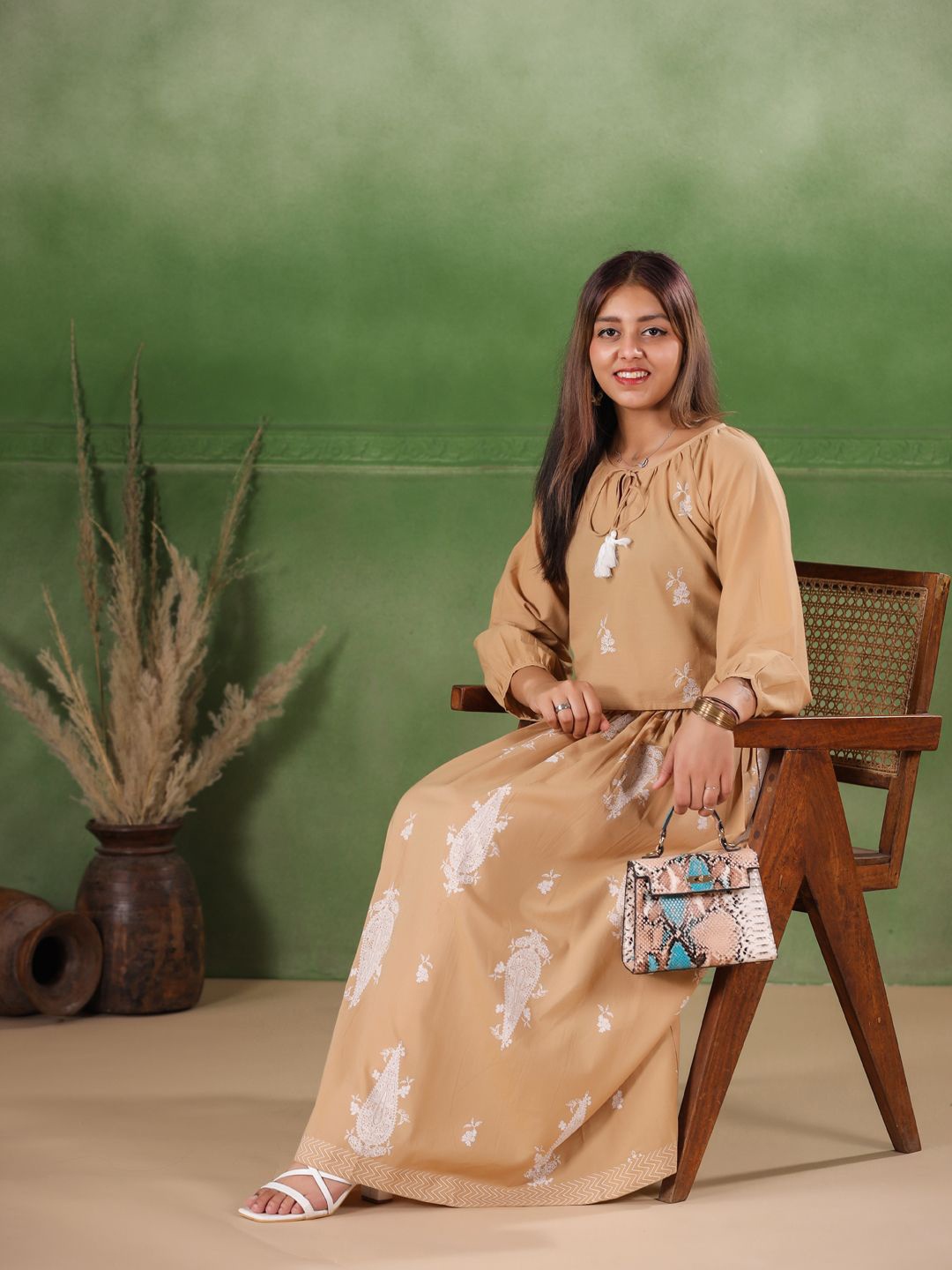 

Sangria Pure Cotton Top & Skirt Co-Ord Set, Beige