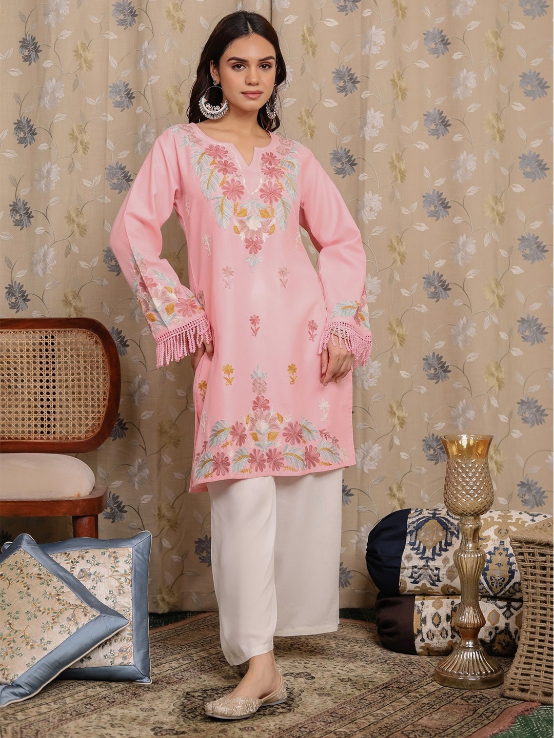 

HOUSE OF KARI Floral Printed Thread Work Cotton Straight Kurta, Pink