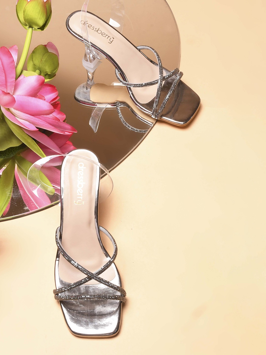 

DressBerry Women Embellished PU Party Block Sandals, Grey
