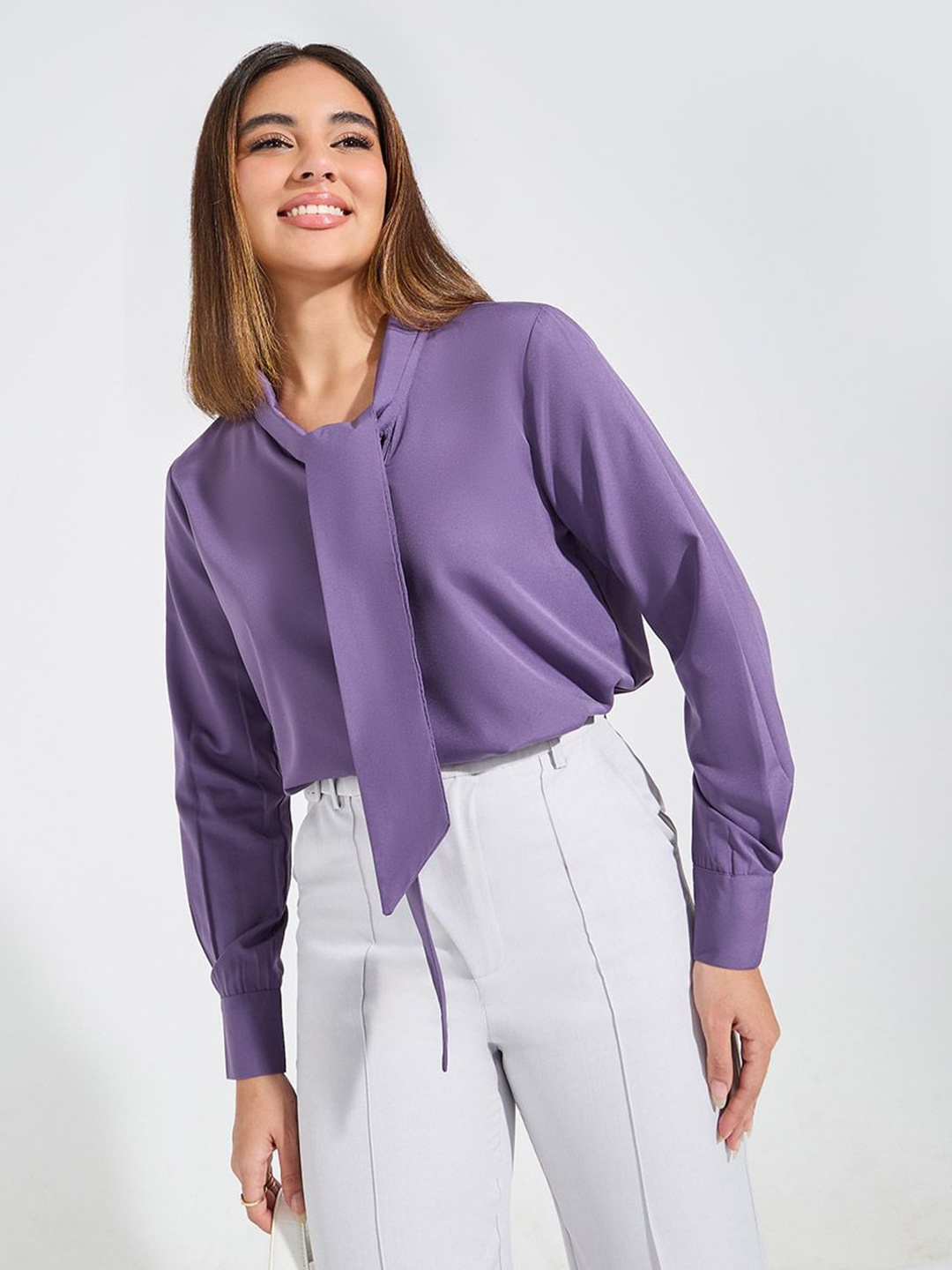 

Styli Solid Regular Fit Tie-Up Neck Top with Long Cuffed Sleeve, Purple