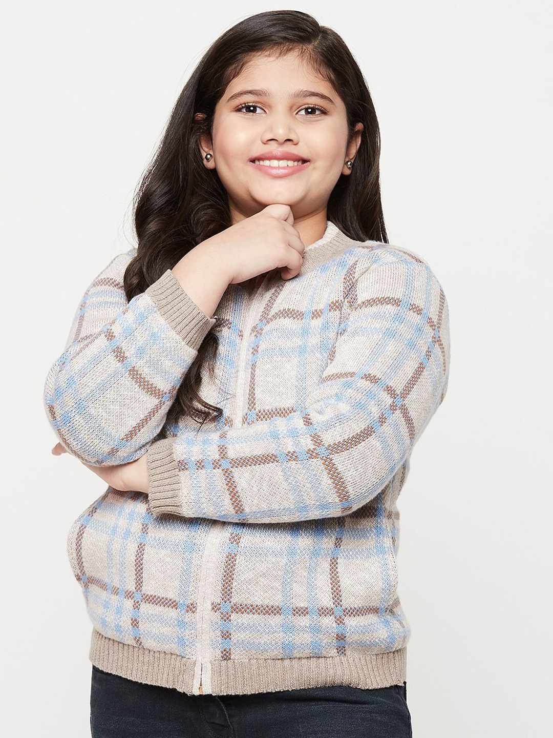 

JWAAQ Girls Checked Printed Cardigan, Beige