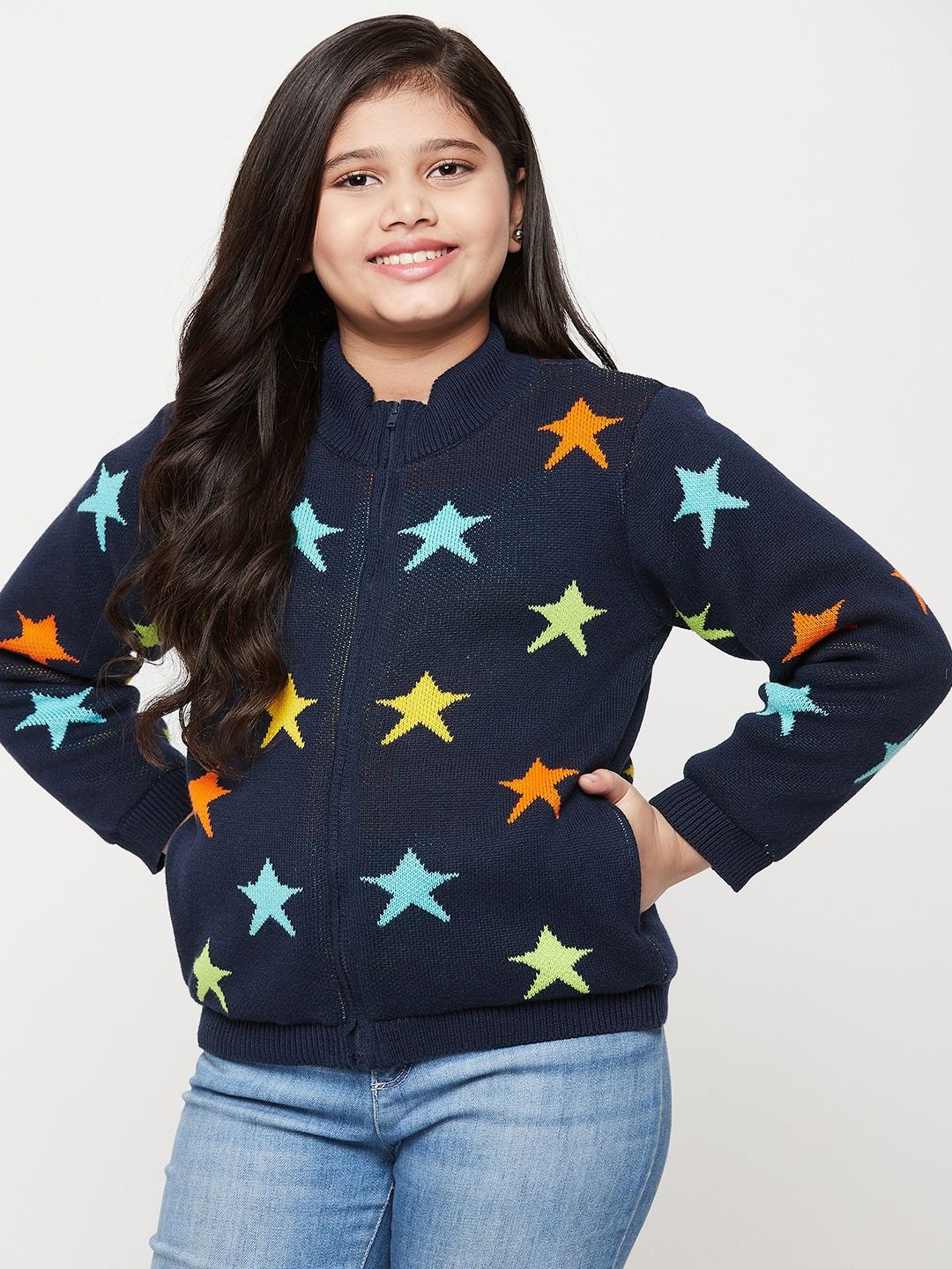 

JWAAQ Girls Printed Cardigan, Navy blue