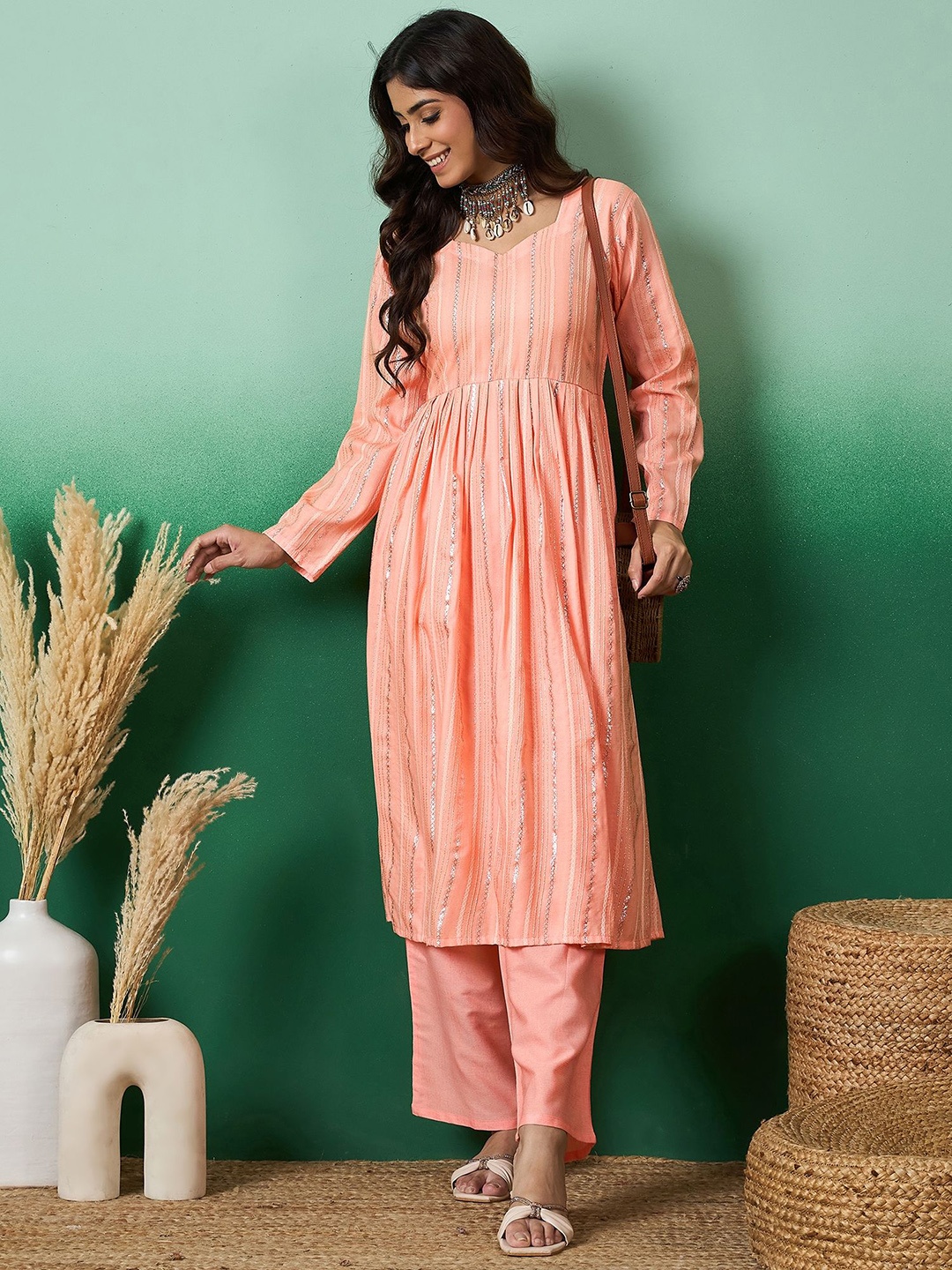 

Sangria Coral Striped Sweetheart Neck A-Line Kurta With Trousers