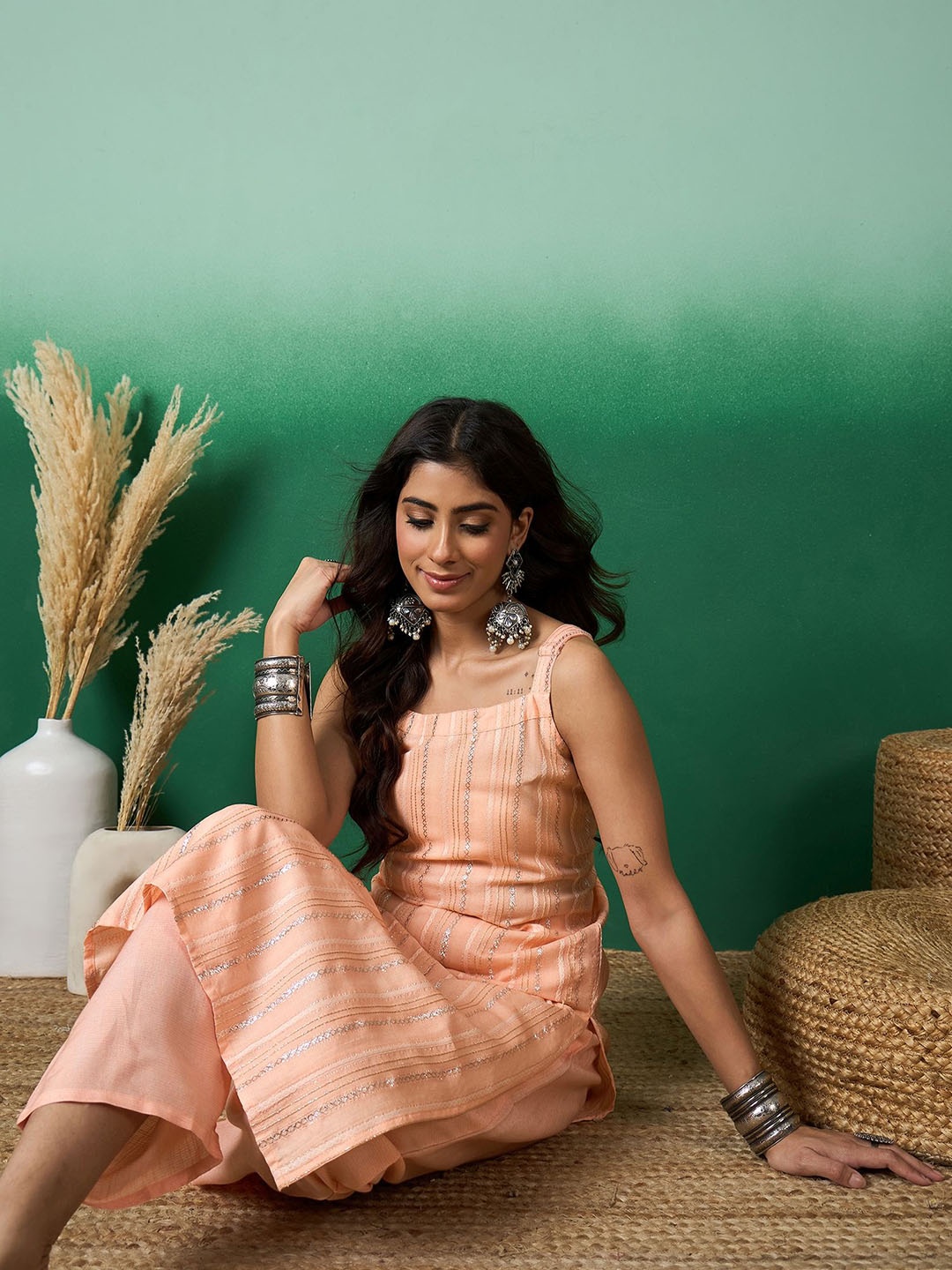 

Sangria Coral Striped Sleeveless Straight Kurta With Trousers