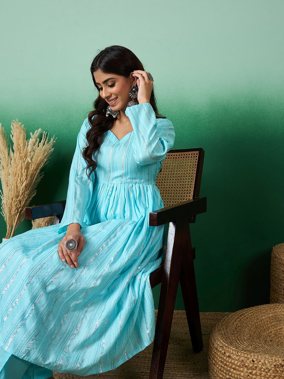 

Sangria Blue Striped Sweetheart Neck A-Line Kurta With Trousers