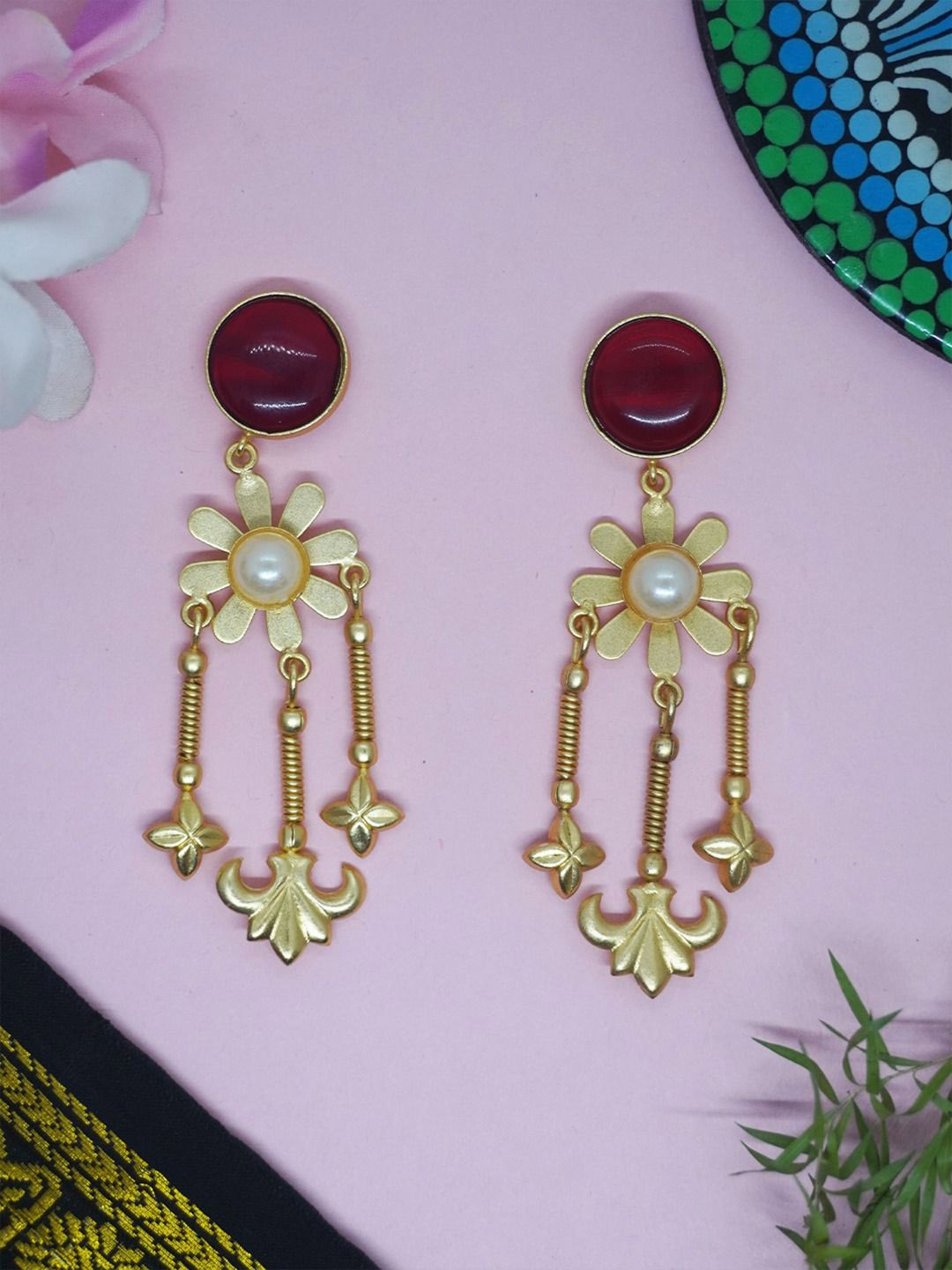 

Niscka Gold Plated Floral Drop Earrings, Red