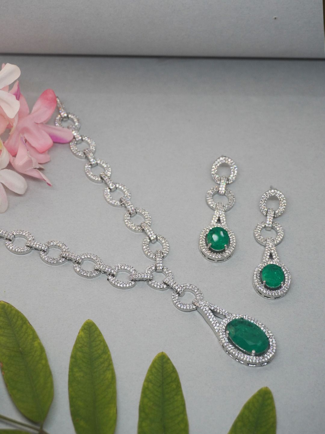 

Niscka Rhodium-Plated AD Stone-Studded Details Jewellery Set, Silver