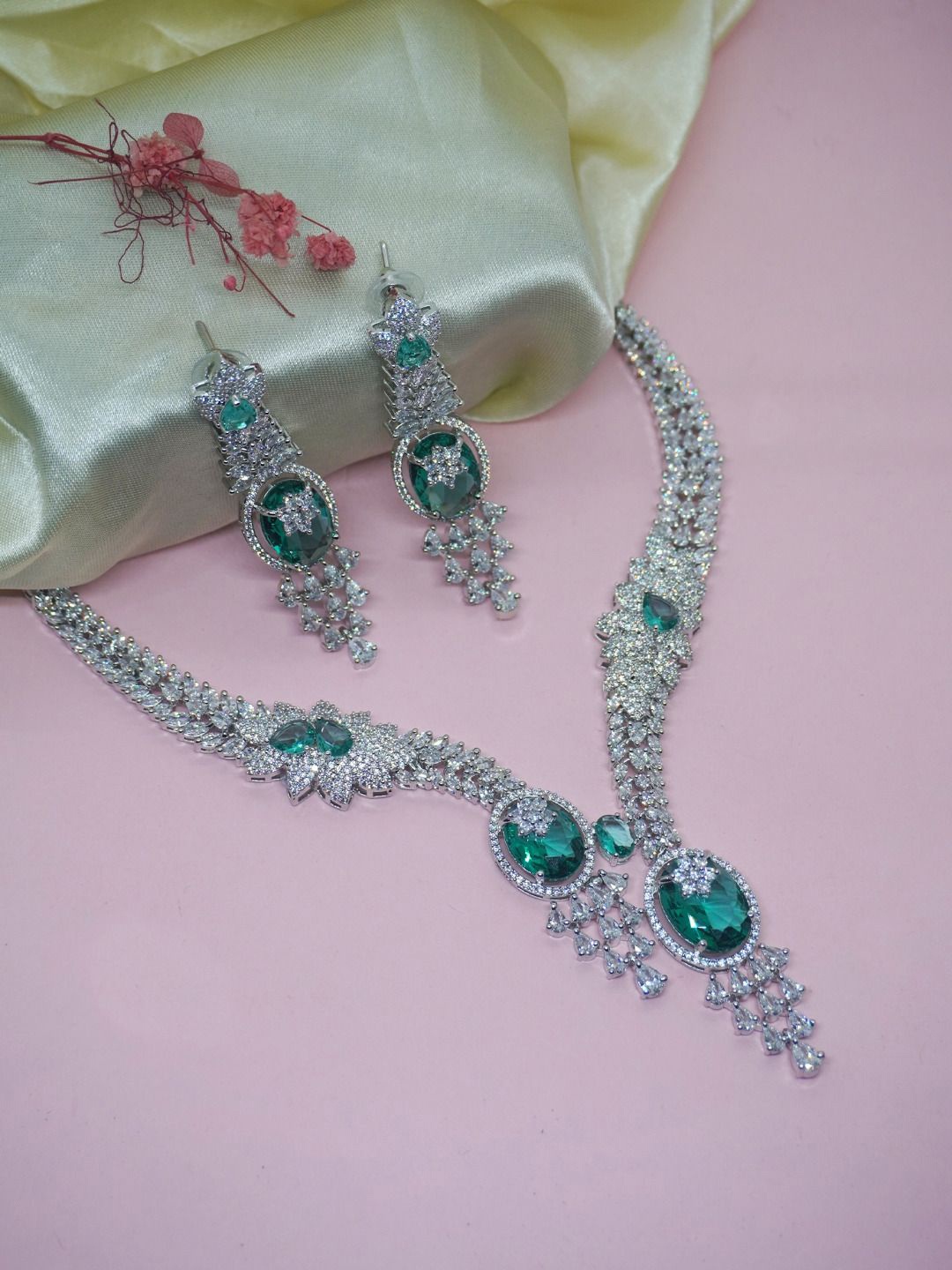 

Niscka Rhodium -Plated AD Stone-Studded Jewellery Set, Silver